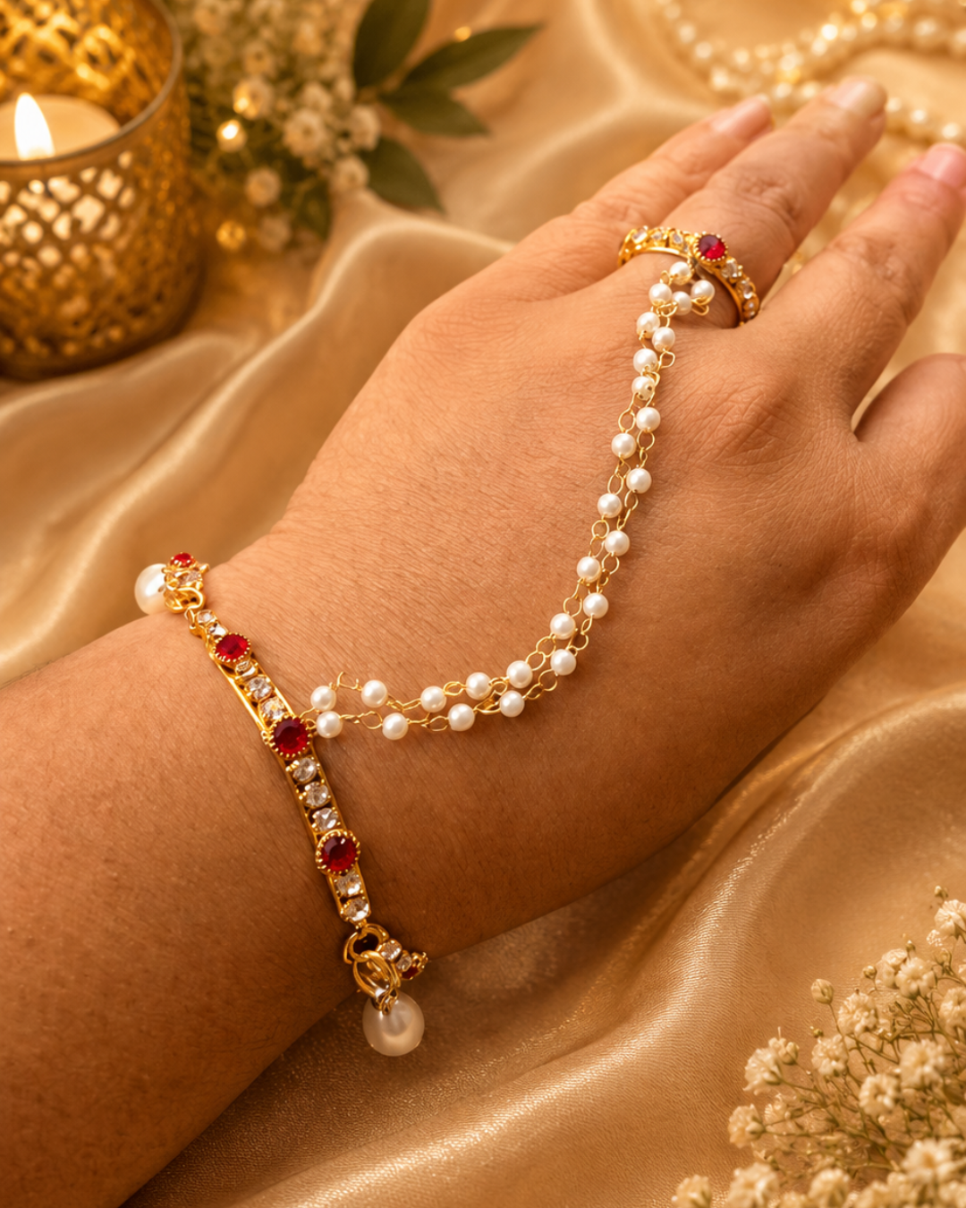 Royal Ruby Pearl Hand Harness Rakhi Bracelet