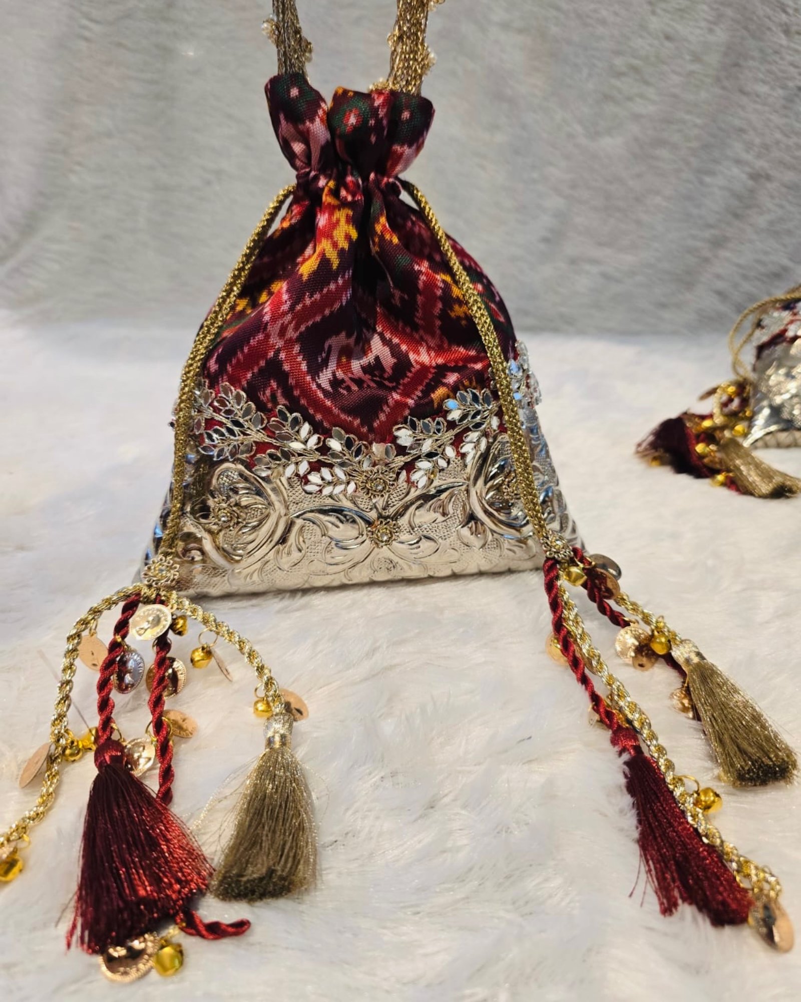 Patola Print German Silver Samosa Potli