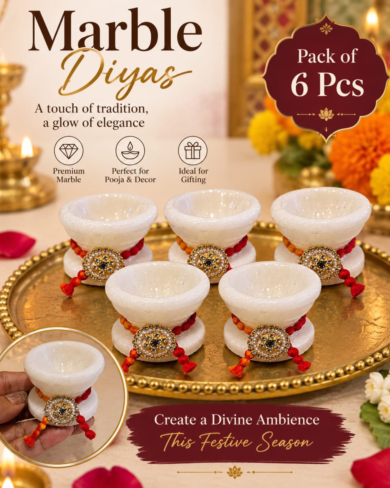 Royal Marble Diya – Pack of 6